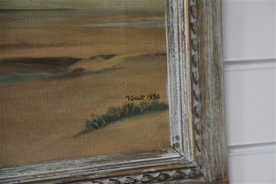 Peter Scott (1909-1989), oil on canvas, Geese in flight over the Solway Firth, 21 x 39in
